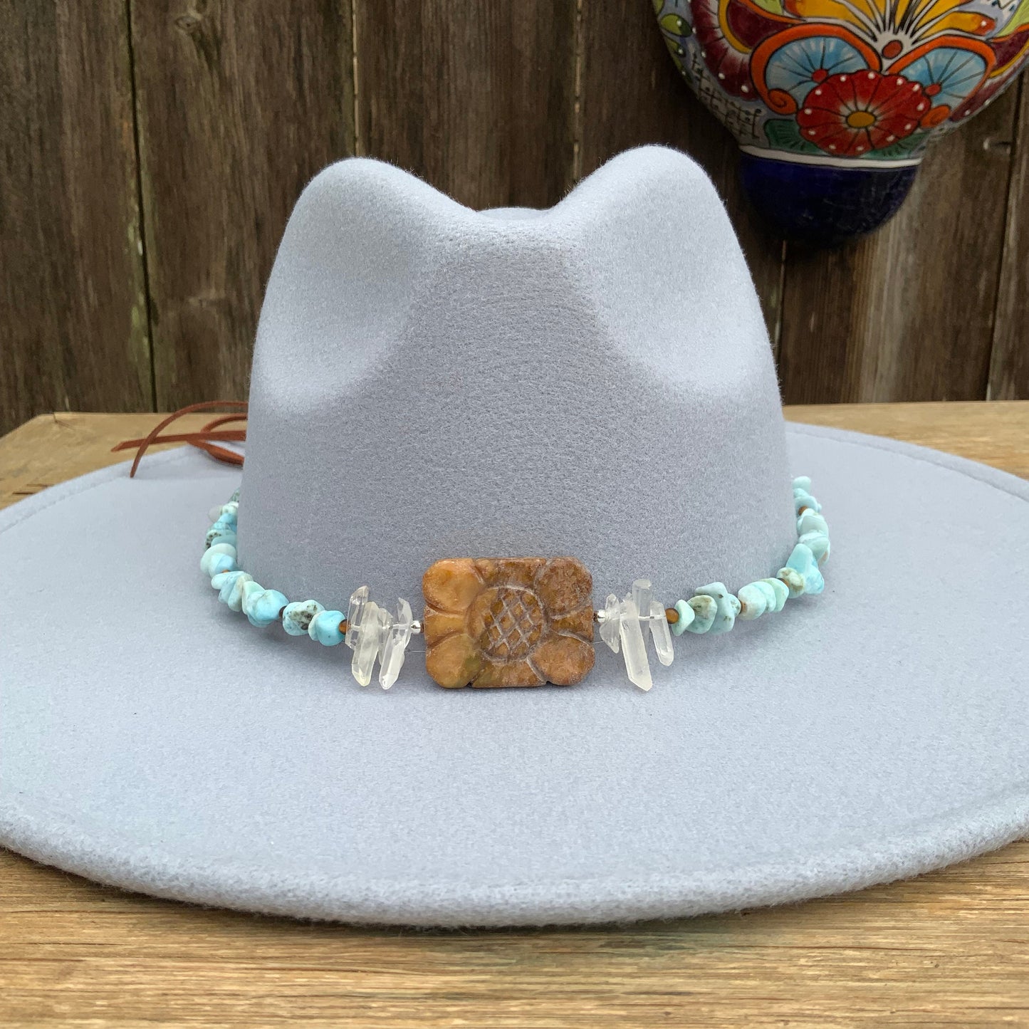 Carved Jade Flower & Larimar Hatband: Rustic Crystal Beaded Band