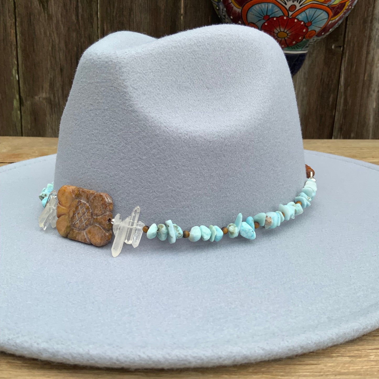 Carved Jade Flower & Larimar Hatband: Rustic Crystal Beaded Band