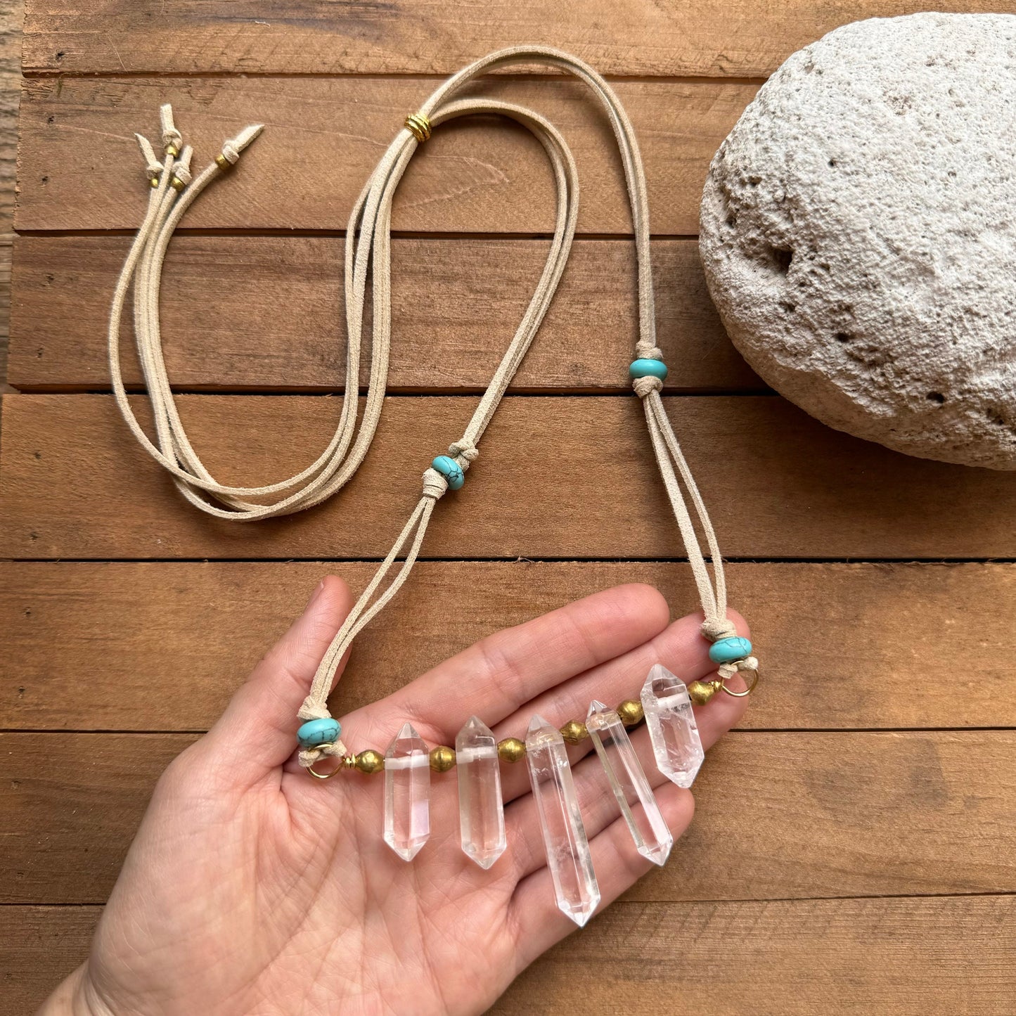 Quartz Crystal Point Necklace: Vegan Suede Cord with Blue Magnesite