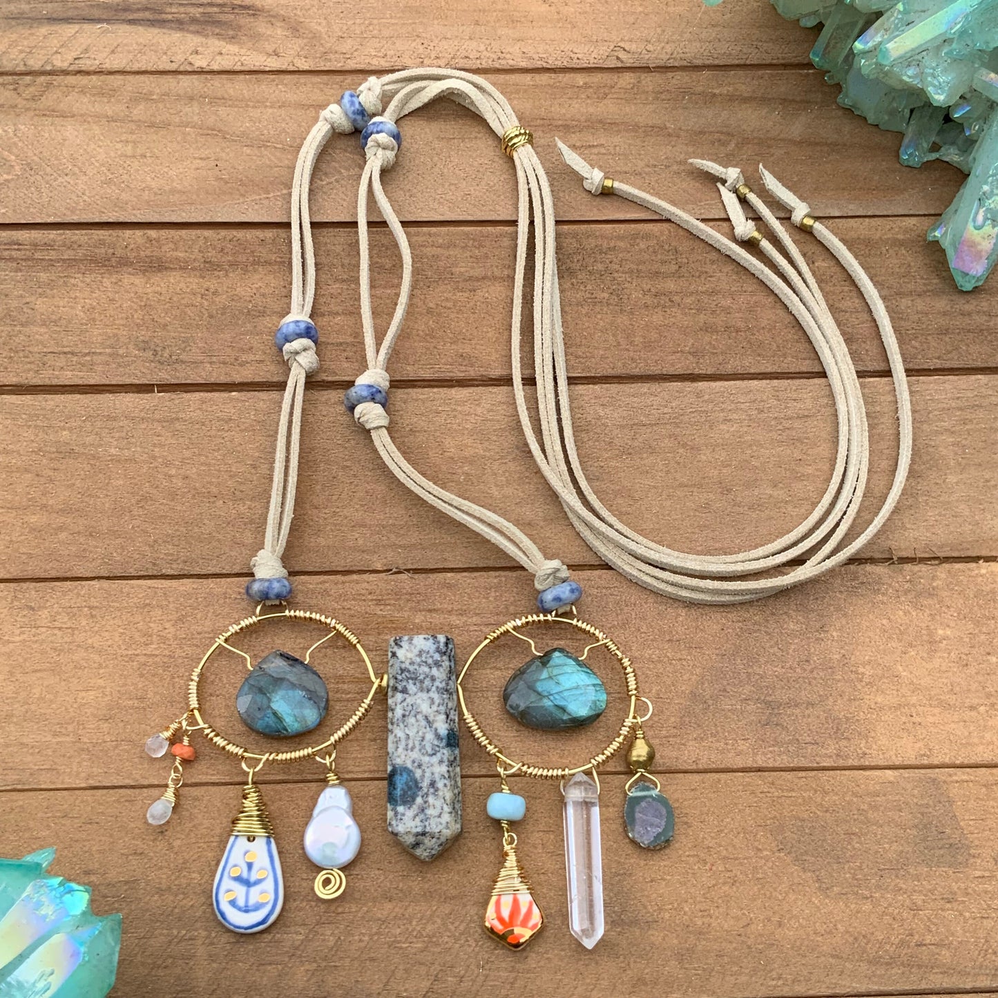 Handmade Ceramic Bead Necklace: Labradorite, Ruby, Opal, Vegan Suede