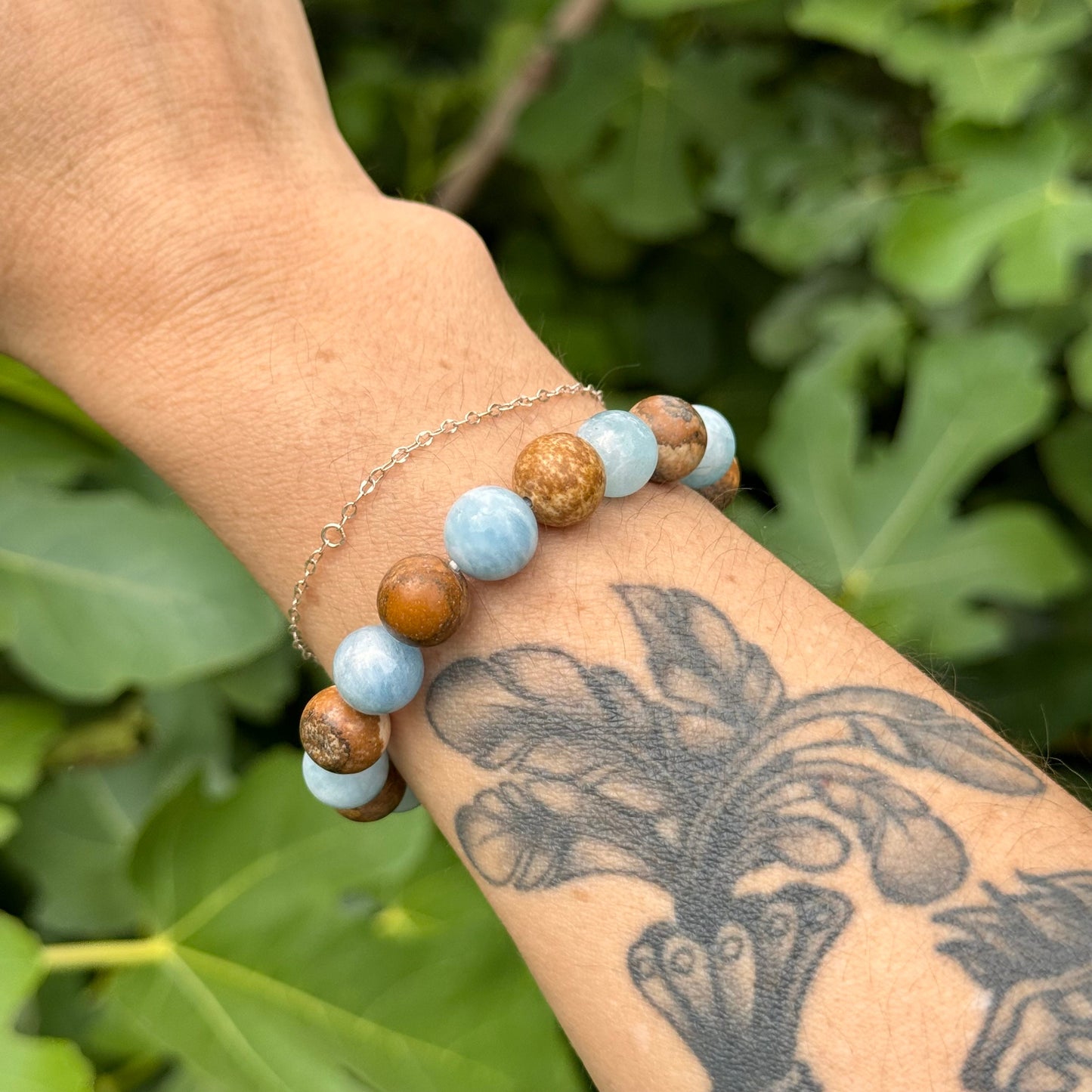 Aquamarine & Picture Jasper Stretch Bracelet: 10mm Gemstone Stacking Bracelet