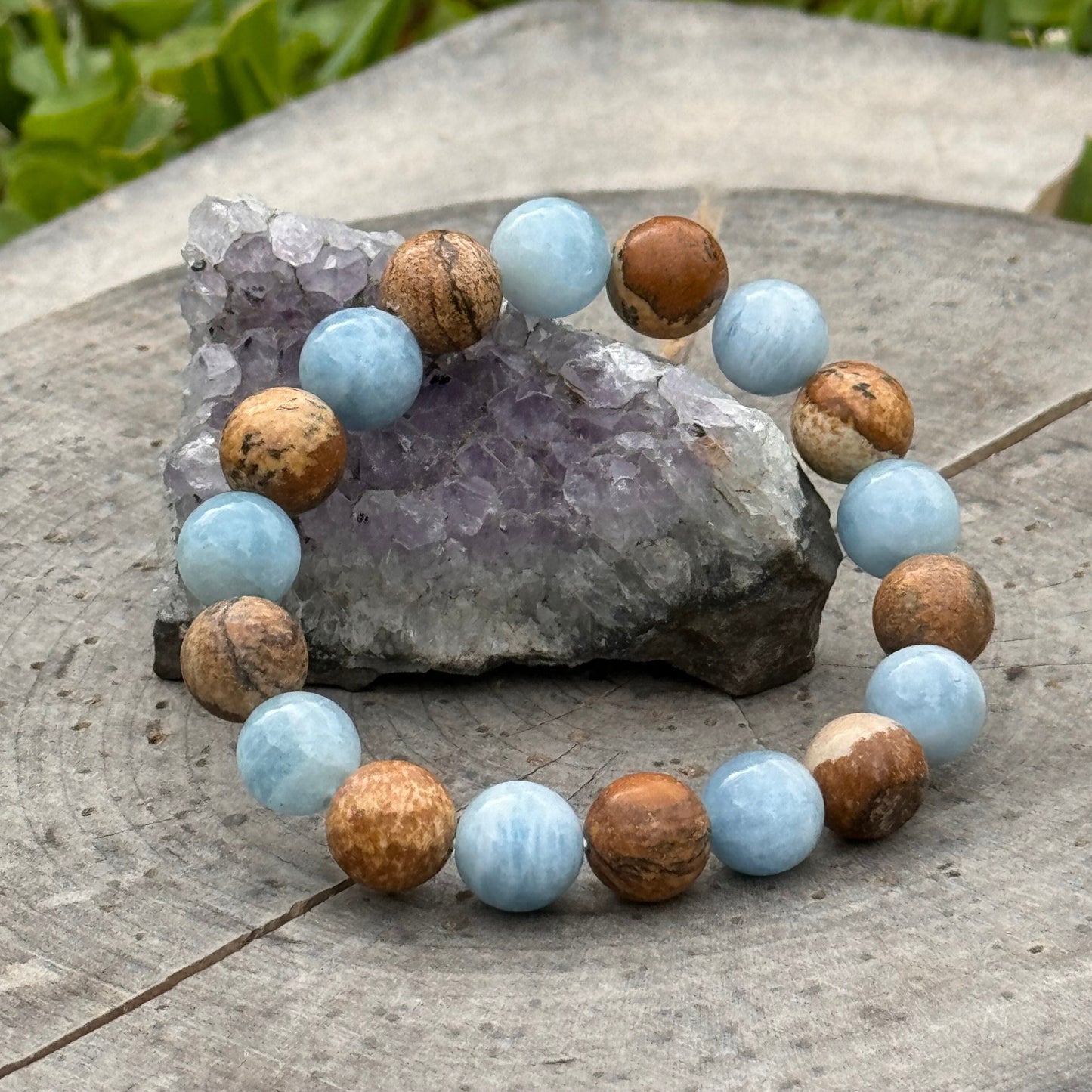 Aquamarine & Picture Jasper Stretch Bracelet: 10mm Gemstone Stacking Bracelet