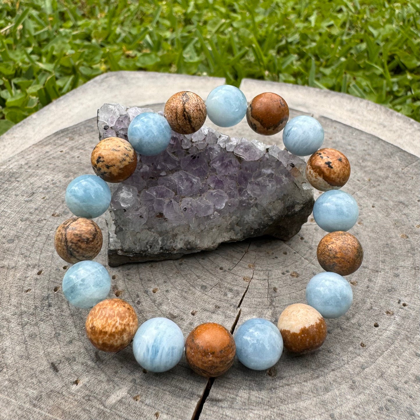 Aquamarine & Picture Jasper Stretch Bracelet: 10mm Gemstone Stacking Bracelet