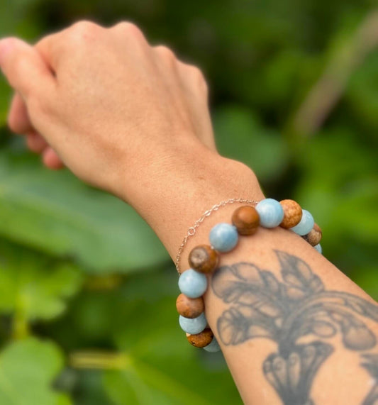 Aquamarine & Picture Jasper Stretch Bracelet: 10mm Gemstone Stacking Bracelet