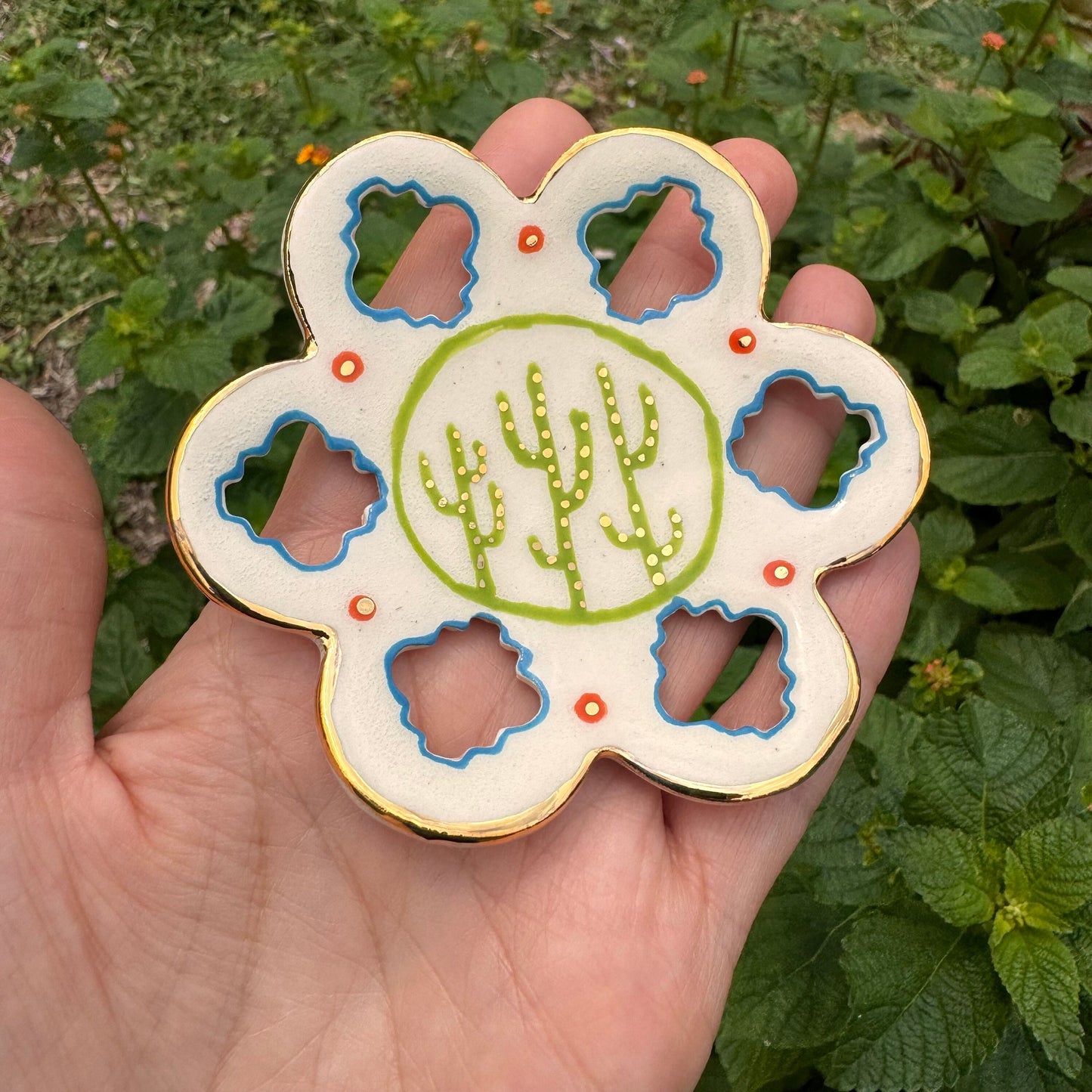 Handmade Southwestern Saguaro Cactus Ceramic Ring Dish with Gold Luster