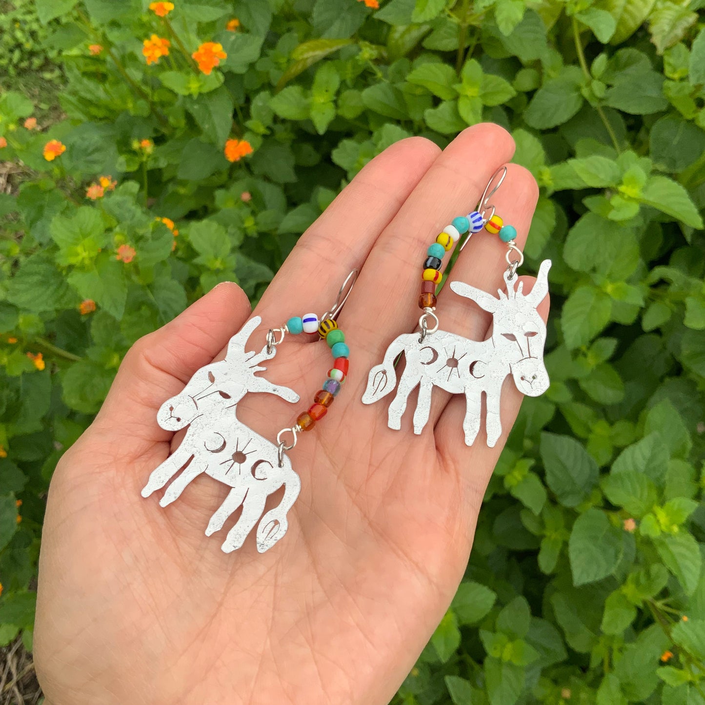 Handmade Celestial Donkey Earrings: Aluminum & Rainbow Glass Beads