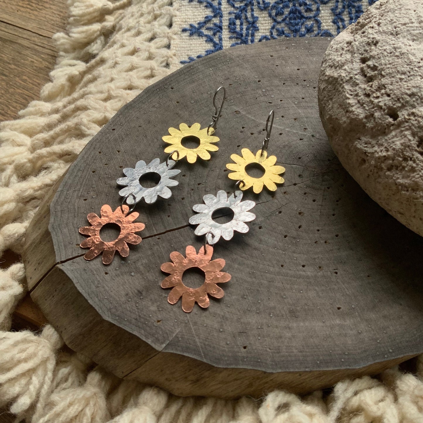 Handmade Daisy Dangle Earrings: Mixed Metal Flower Power