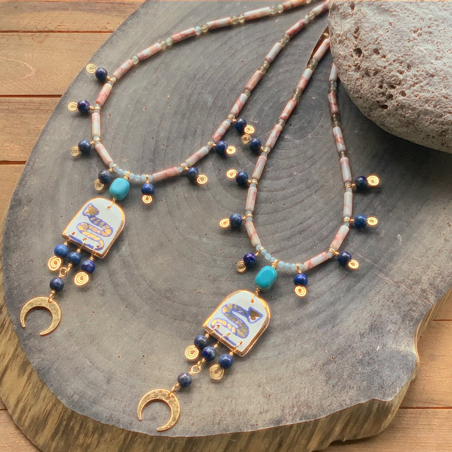 Handmade Ceramic Snake Necklace: Turquoise, Lapis & Labradorite