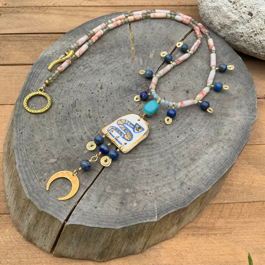 Handmade Ceramic Snake Necklace: Turquoise, Lapis & Labradorite