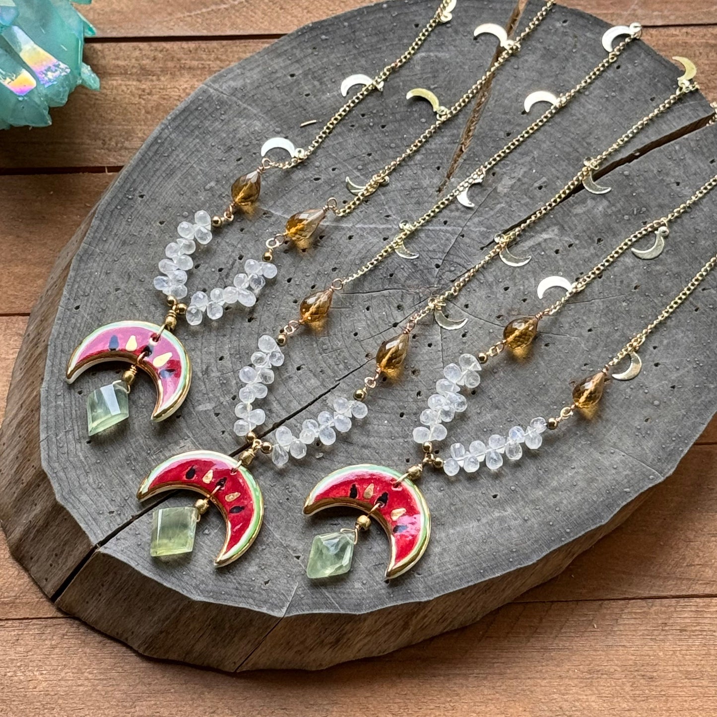 Handmade Ceramic Watermelon Necklace: Moonstone, Citrine & Prehnite