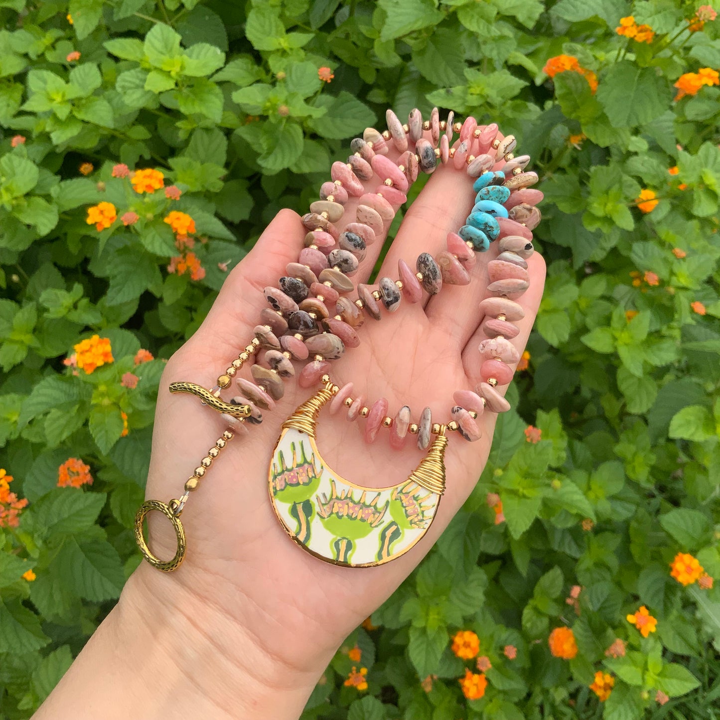 Handmade Ceramic Venus Flytrap Necklace: Rhodochrosite Beaded Crescent Moon Pendant