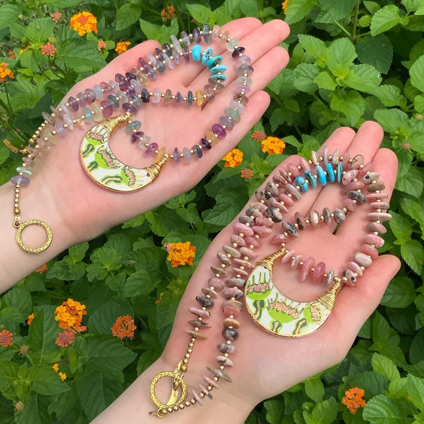 Handmade Ceramic Venus Flytrap Necklace: Rhodochrosite Beaded Crescent Moon Pendant