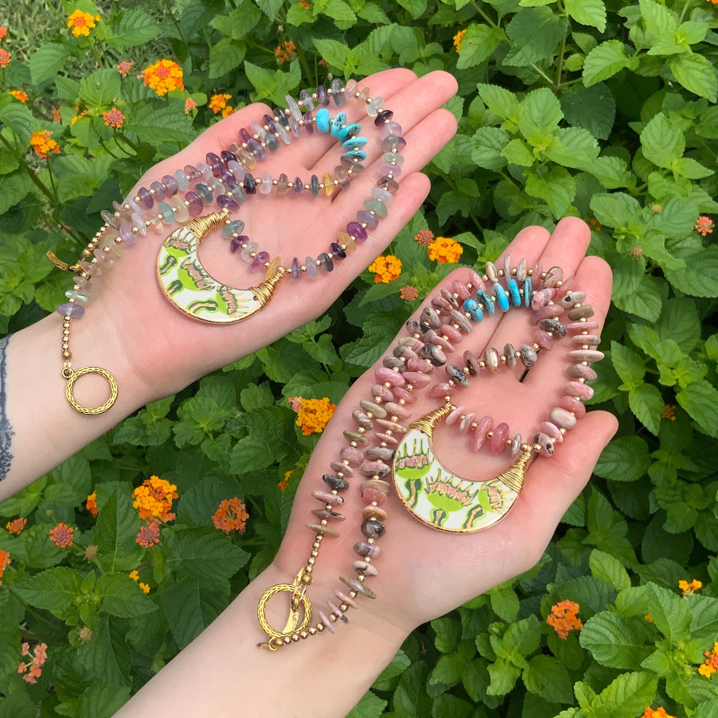 Handmade Ceramic Venus Flytrap Necklace: Rhodochrosite Beaded Crescent Moon Pendant