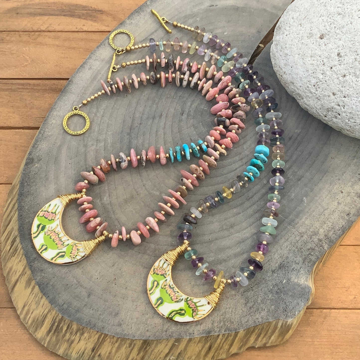 Handmade Ceramic Venus Flytrap Necklace: Rhodochrosite Beaded Crescent Moon Pendant