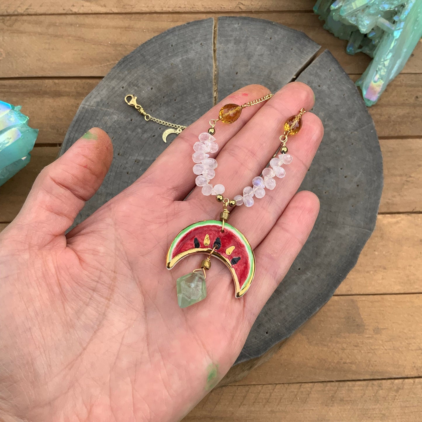 Handmade Ceramic Watermelon Necklace: Moonstone, Citrine & Prehnite