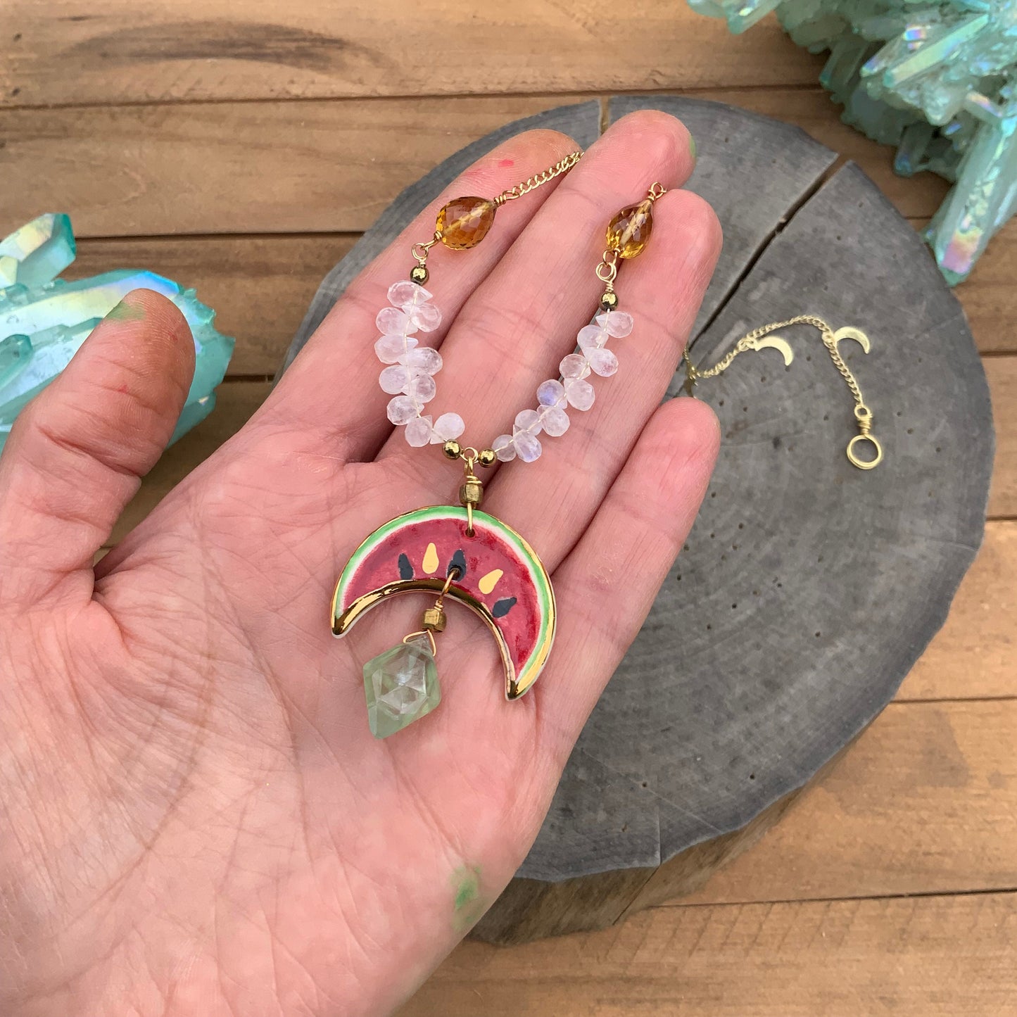 Handmade Ceramic Watermelon Necklace: Moonstone, Citrine & Prehnite
