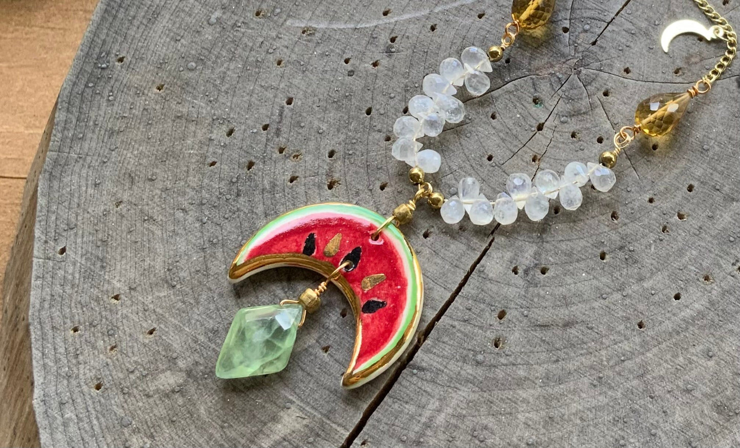 Handmade Ceramic Watermelon Necklace: Moonstone, Citrine & Prehnite
