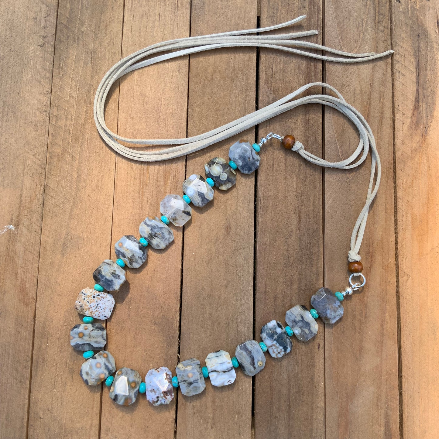 Ocean Jasper & Turquoise Gemstone Hat Band - Adjustable Vegan Suede