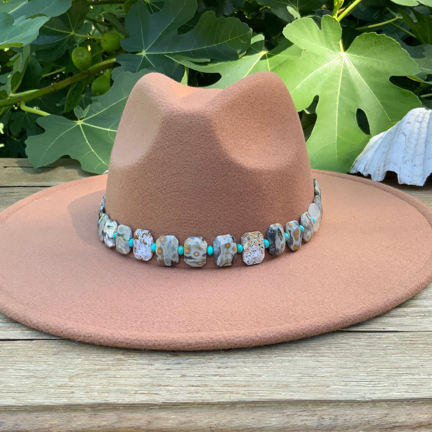Ocean Jasper & Turquoise Gemstone Hat Band - Adjustable Vegan Suede