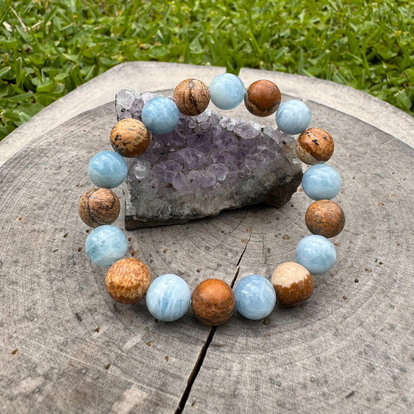 Aquamarine & Picture Jasper Stretch Bracelet: 10mm Gemstone Stacking Bracelet
