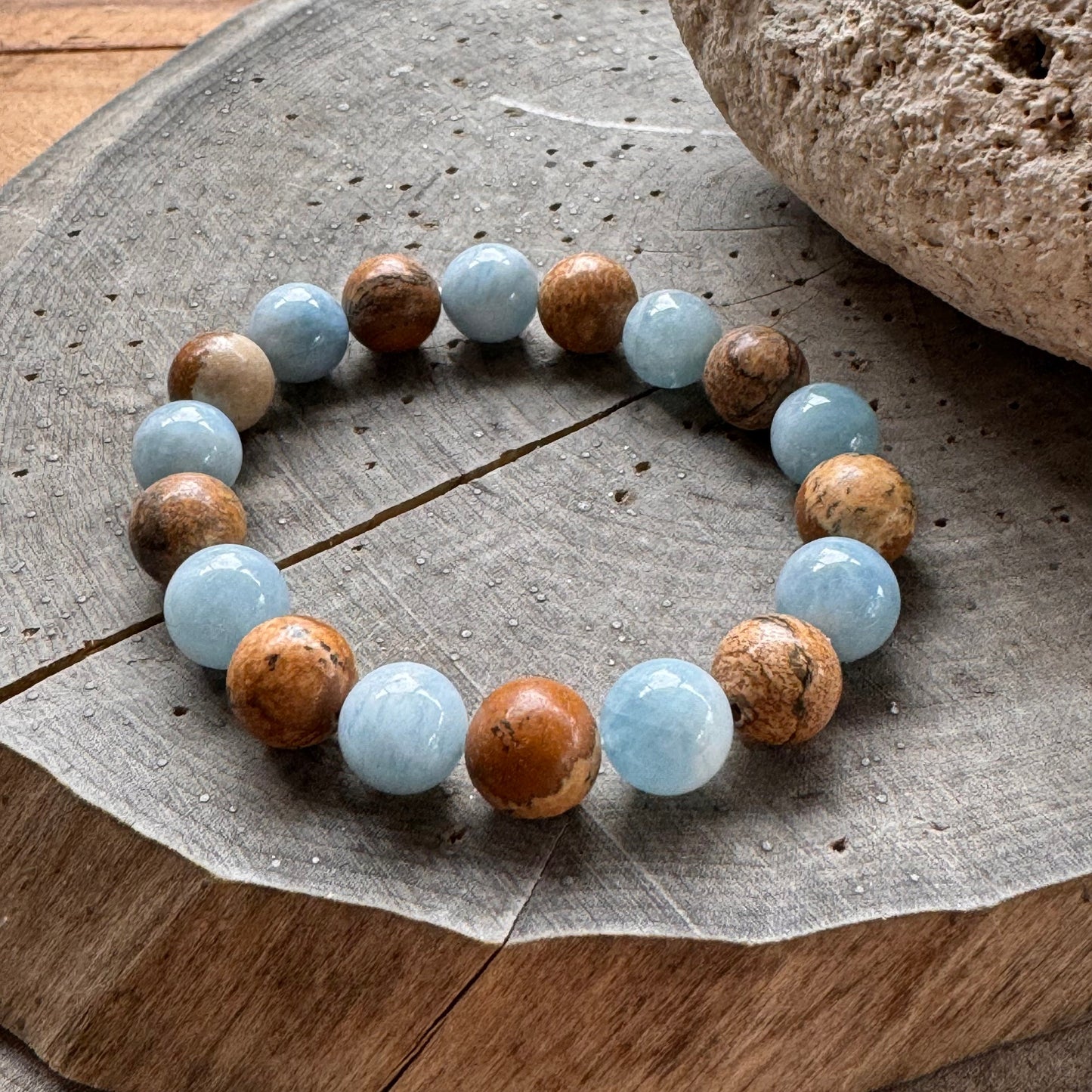 Aquamarine & Picture Jasper Stretch Bracelet: 10mm Gemstone Stacking Bracelet