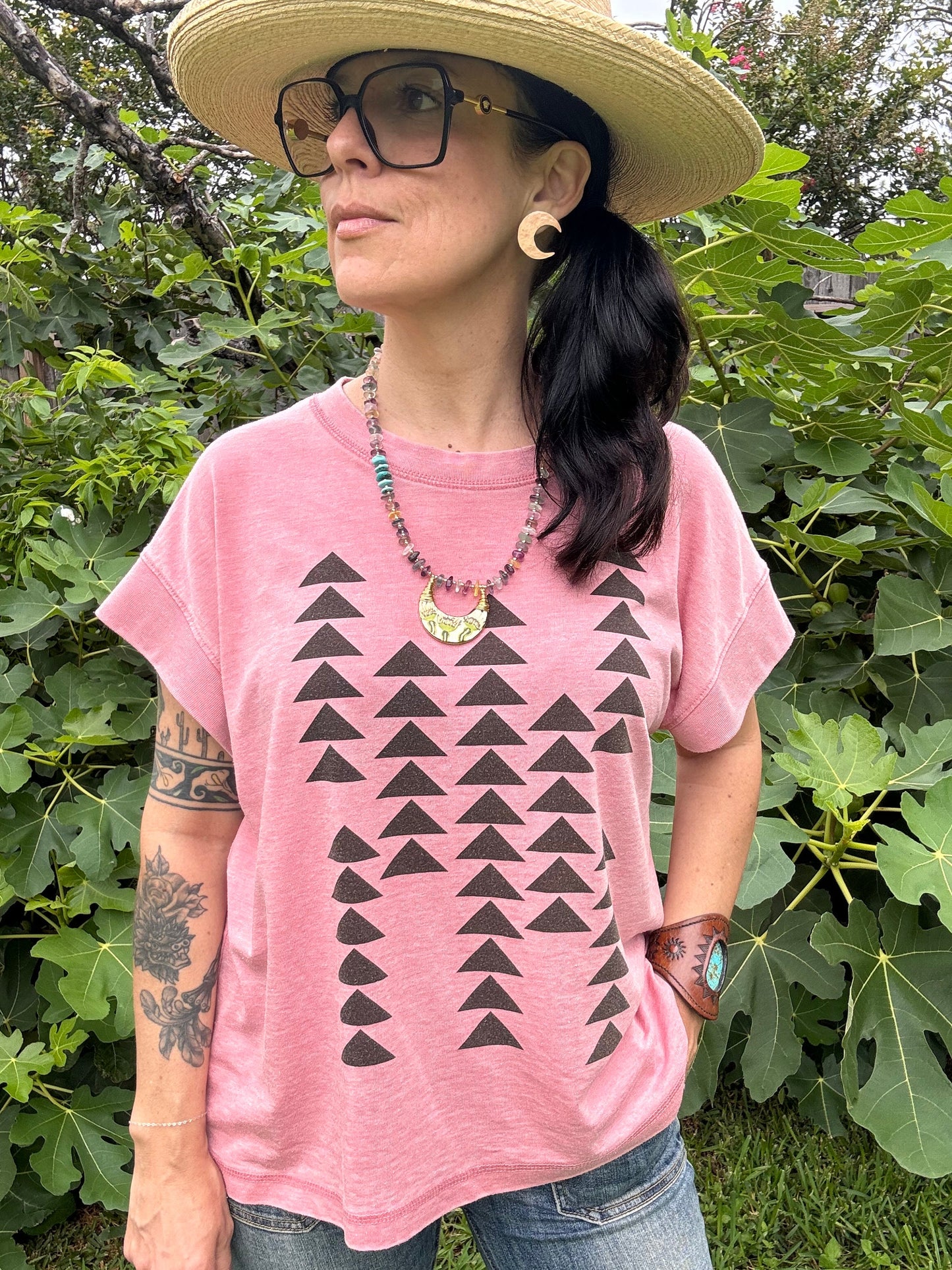 Handmade Ceramic Venus Flytrap Necklace: Rhodochrosite Beaded Crescent Moon Pendant