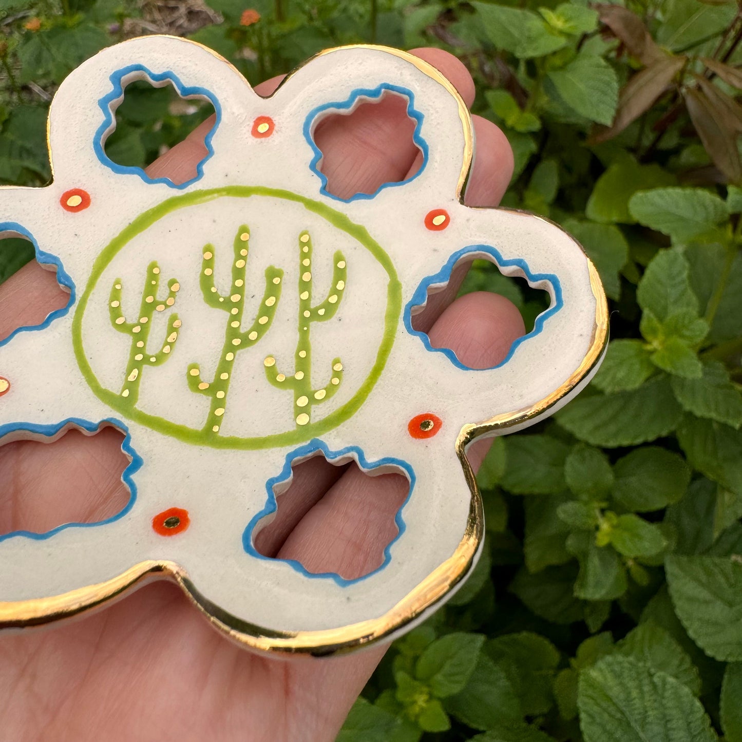 Handmade Southwestern Saguaro Cactus Ceramic Ring Dish with Gold Luster