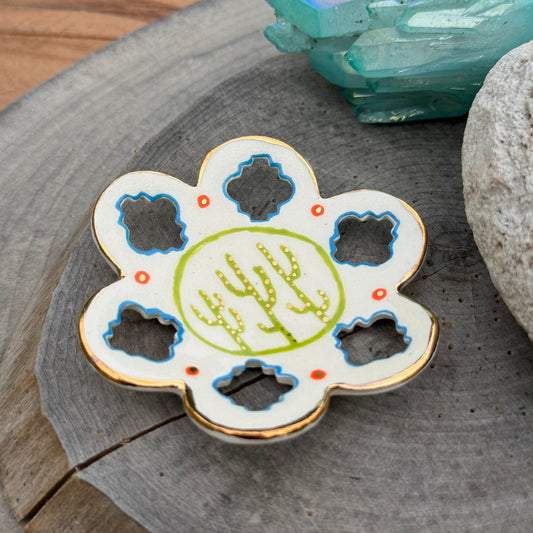 Handmade Southwestern Saguaro Cactus Ceramic Ring Dish with Gold Luster