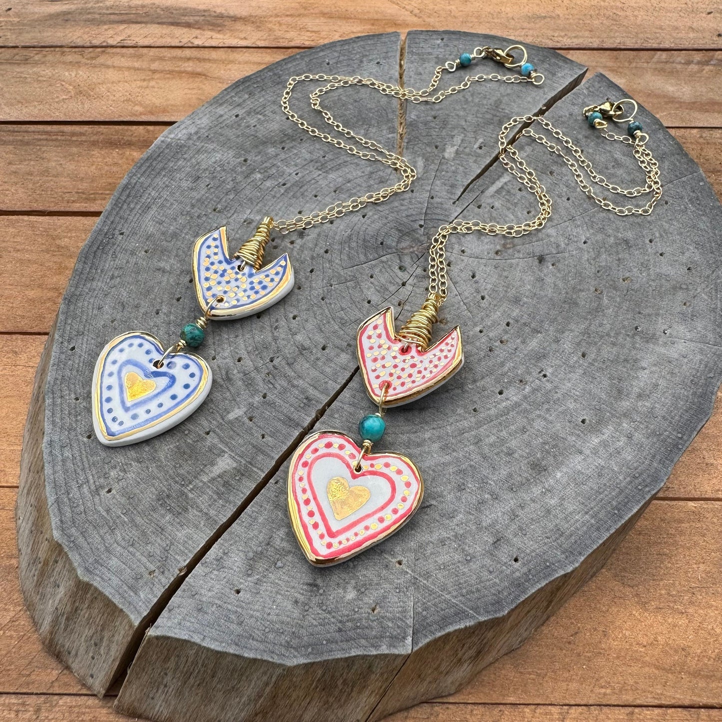 Ceramic Milagro Heart Pendant Necklace: Turquoise Charm, Gold Filled Chain