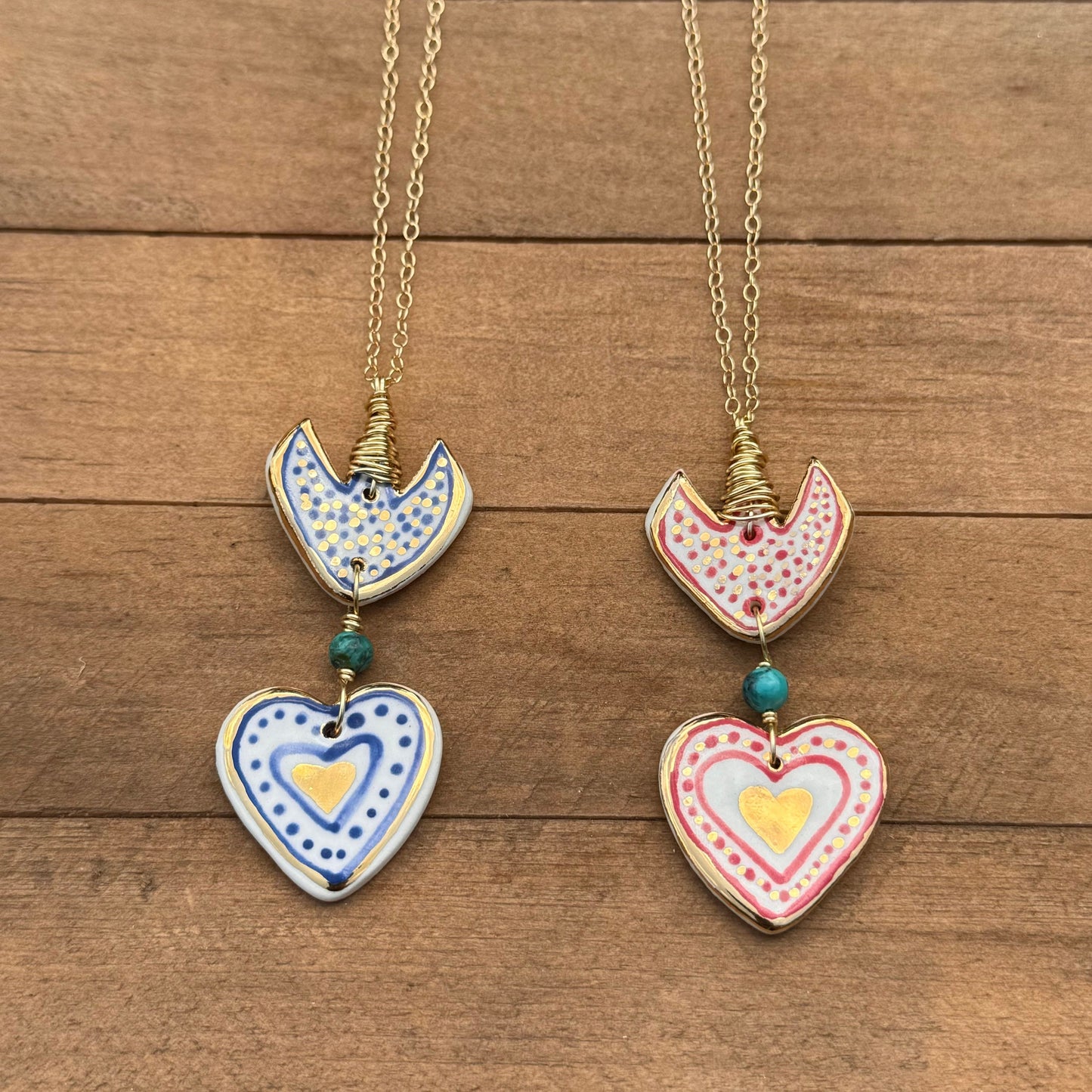 Ceramic Milagro Heart Pendant Necklace: Turquoise Charm, Gold Filled Chain