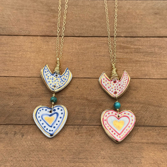 Ceramic Milagro Heart Pendant Necklace: Turquoise Charm, Gold Filled Chain