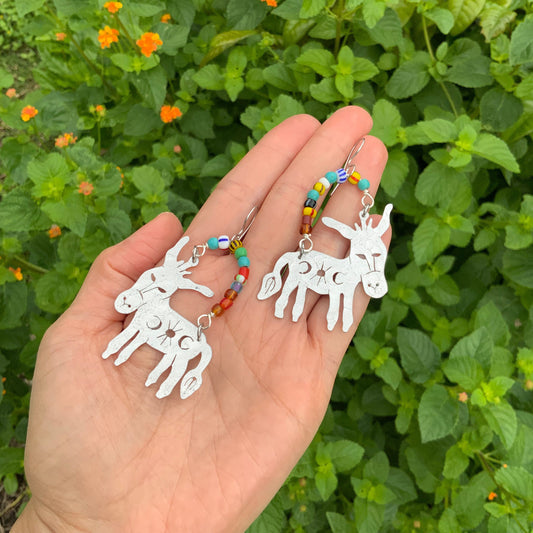 Handmade Celestial Donkey Earrings: Aluminum & Rainbow Glass Beads