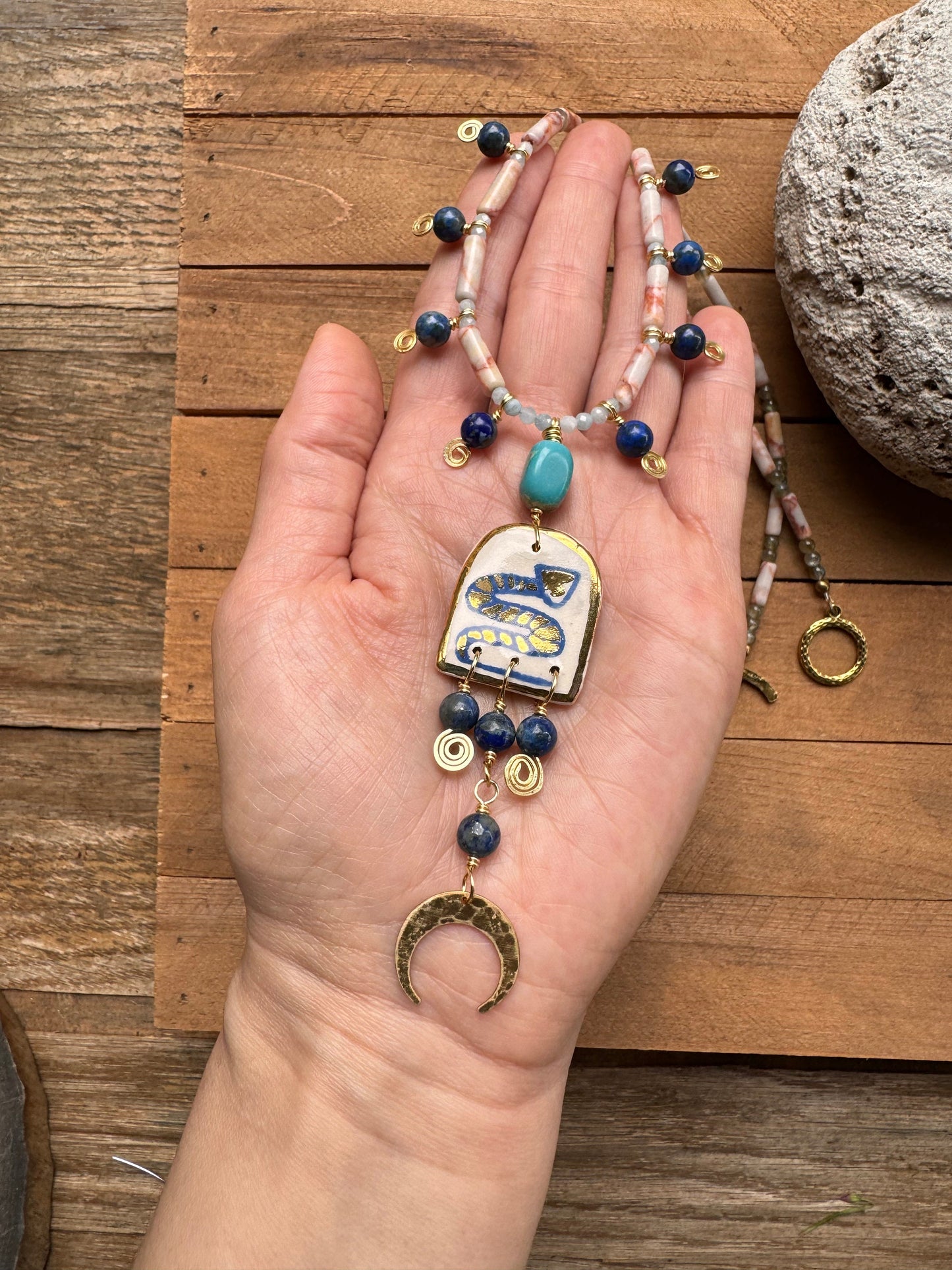 Handmade Ceramic Snake Necklace: Turquoise, Lapis & Labradorite