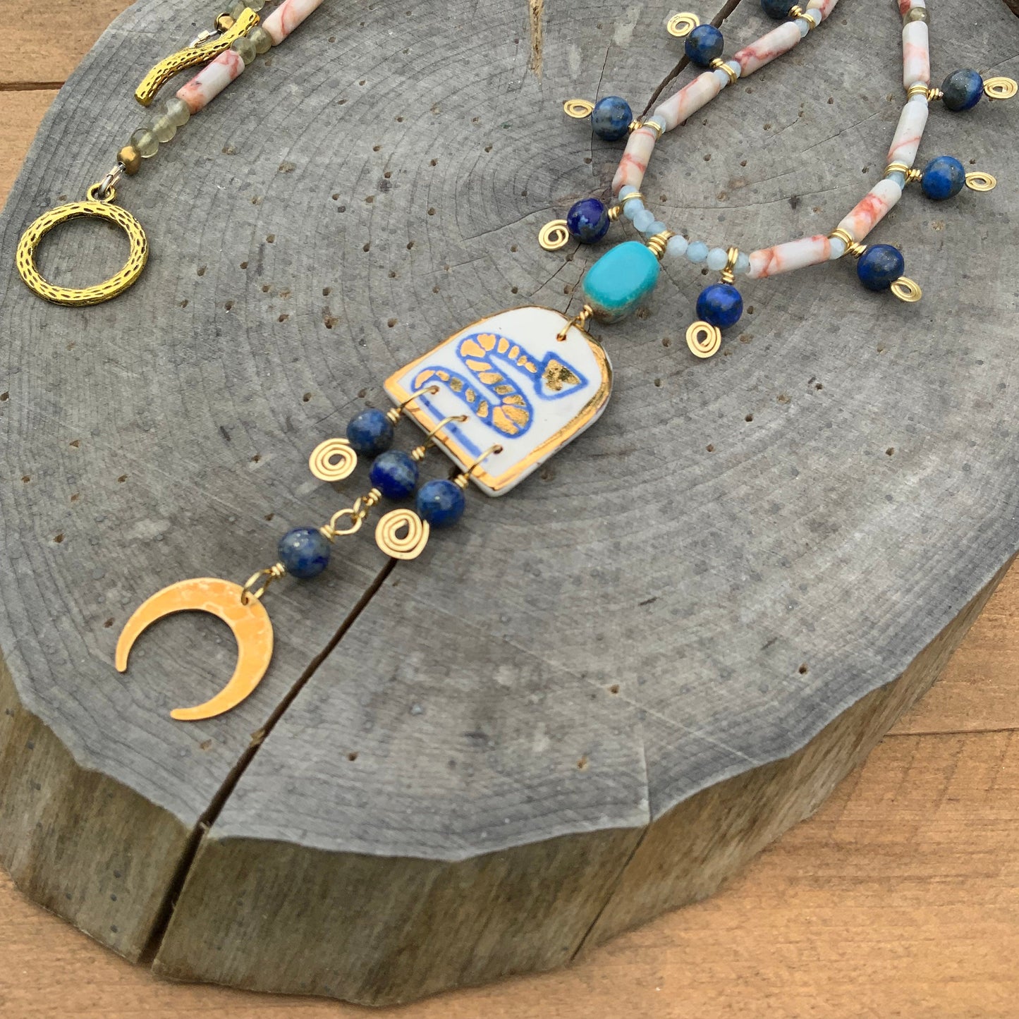 Handmade Ceramic Snake Necklace: Turquoise, Lapis & Labradorite