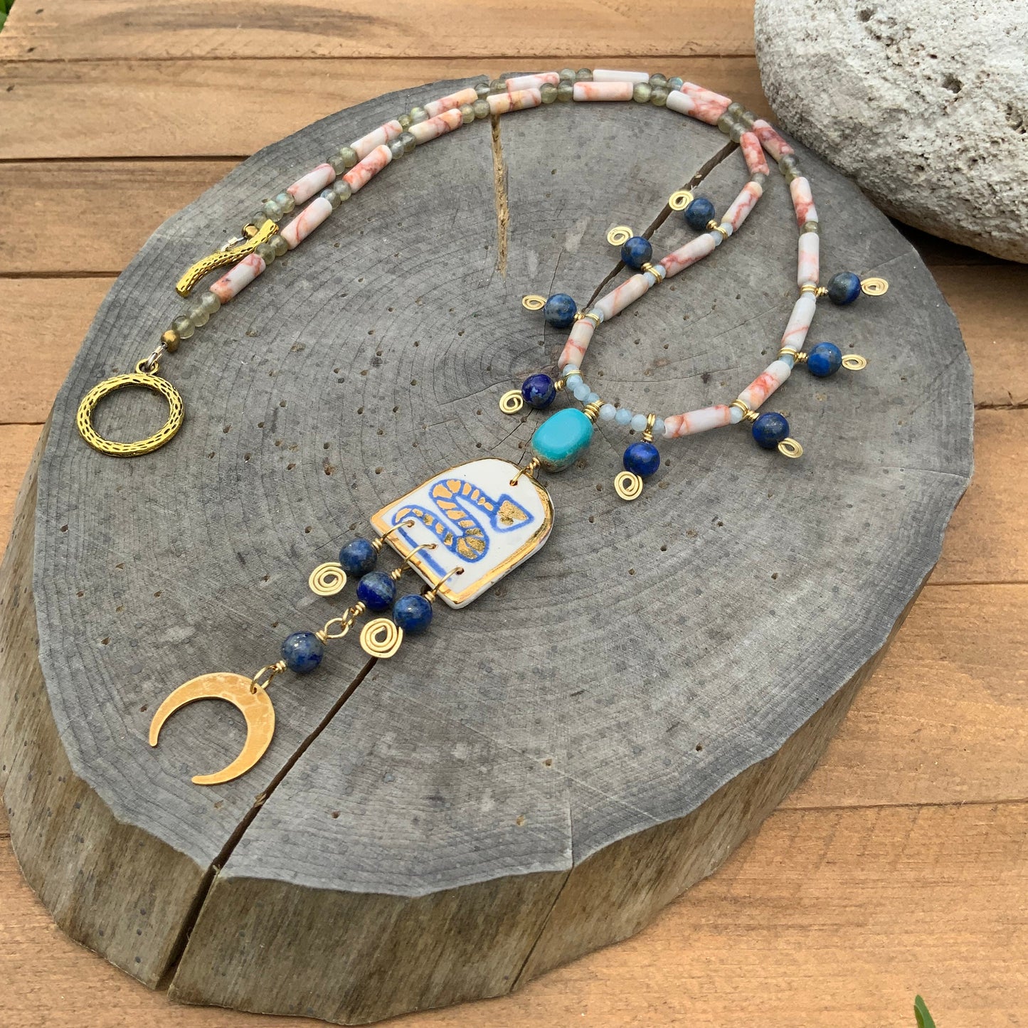 Handmade Ceramic Snake Necklace: Turquoise, Lapis & Labradorite