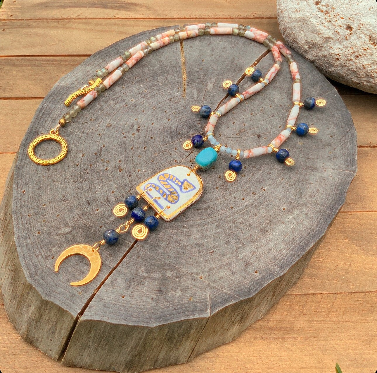 Handmade Ceramic Snake Necklace: Turquoise, Lapis & Labradorite
