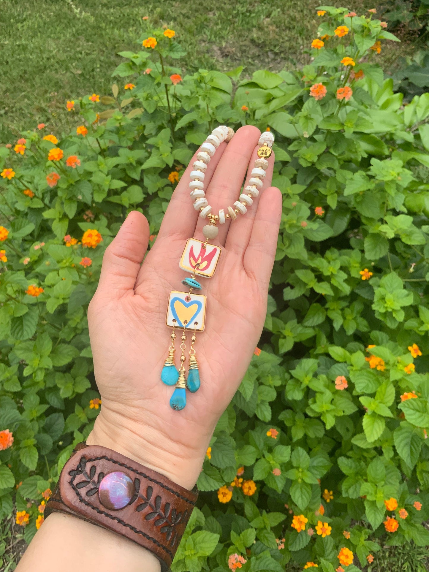 Handmade Ceramic Milagro Tile Necklace: Turquoise & Jasper