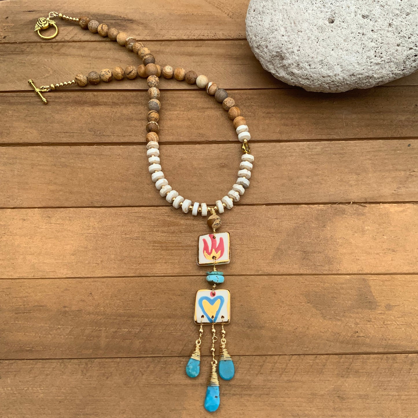 Handmade Ceramic Milagro Tile Necklace: Turquoise & Jasper
