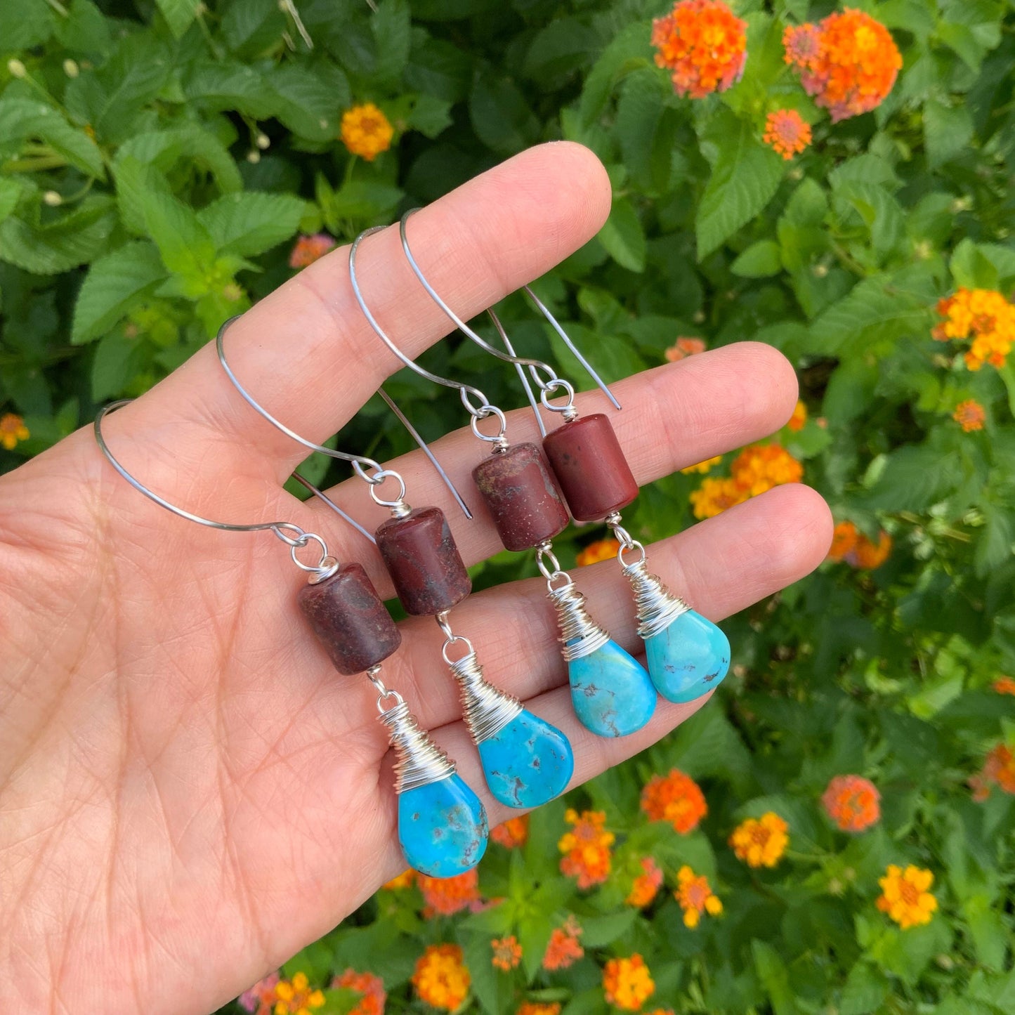 Red Jasper and Turquoise Hook Earrings: Rustic Southwestern Style
