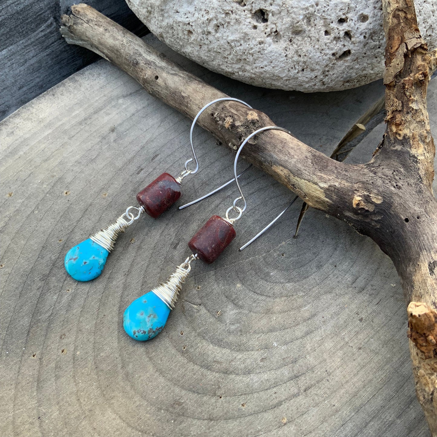 Red Jasper and Turquoise Hook Earrings: Rustic Southwestern Style