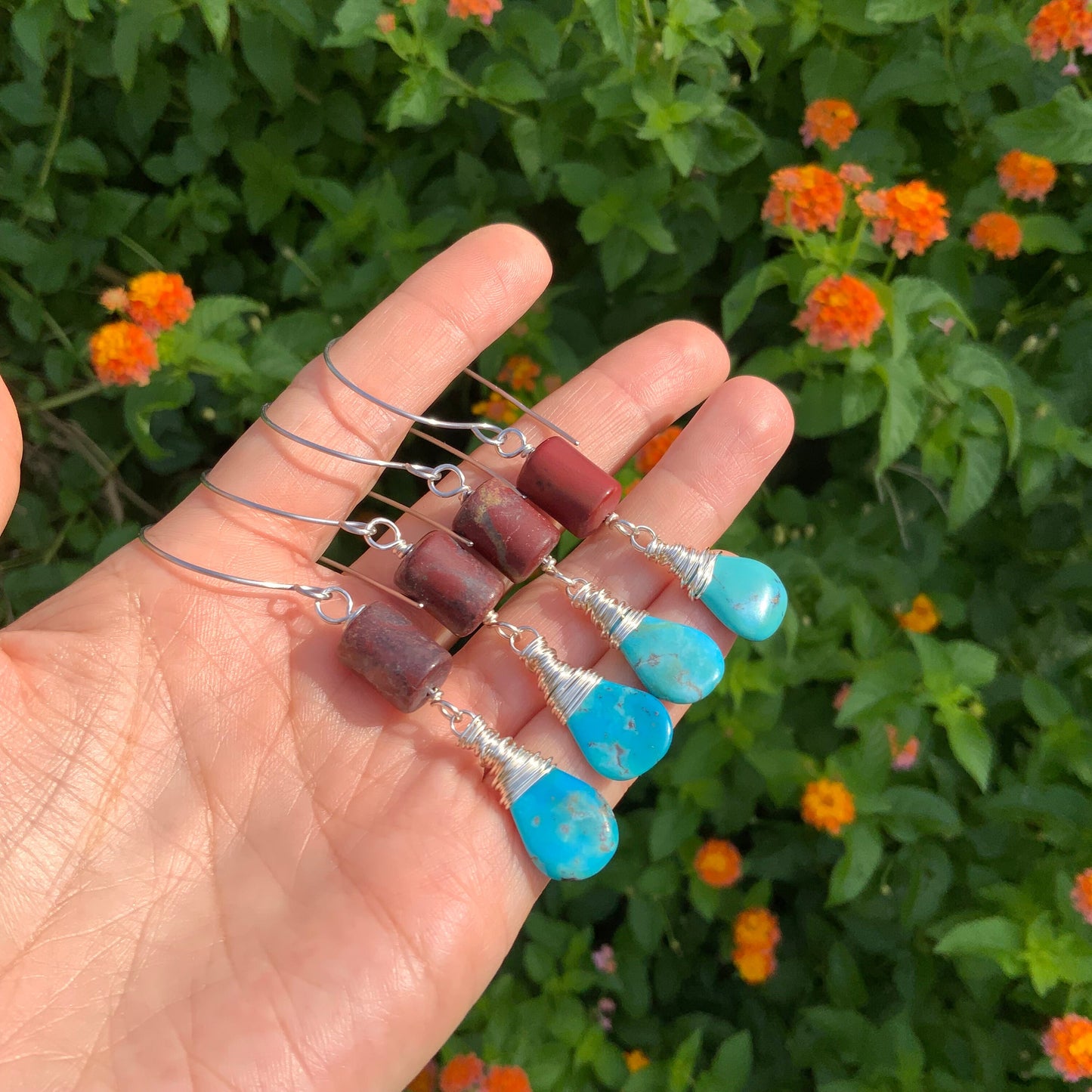 Red Jasper and Turquoise Hook Earrings: Rustic Southwestern Style