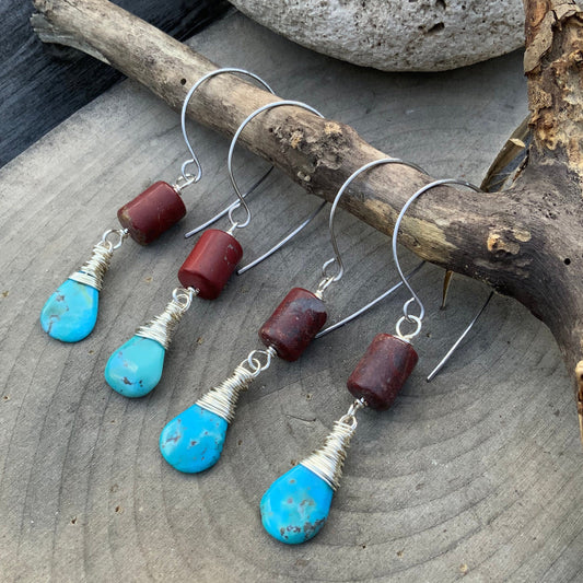 Red Jasper and Turquoise Hook Earrings: Rustic Southwestern Style