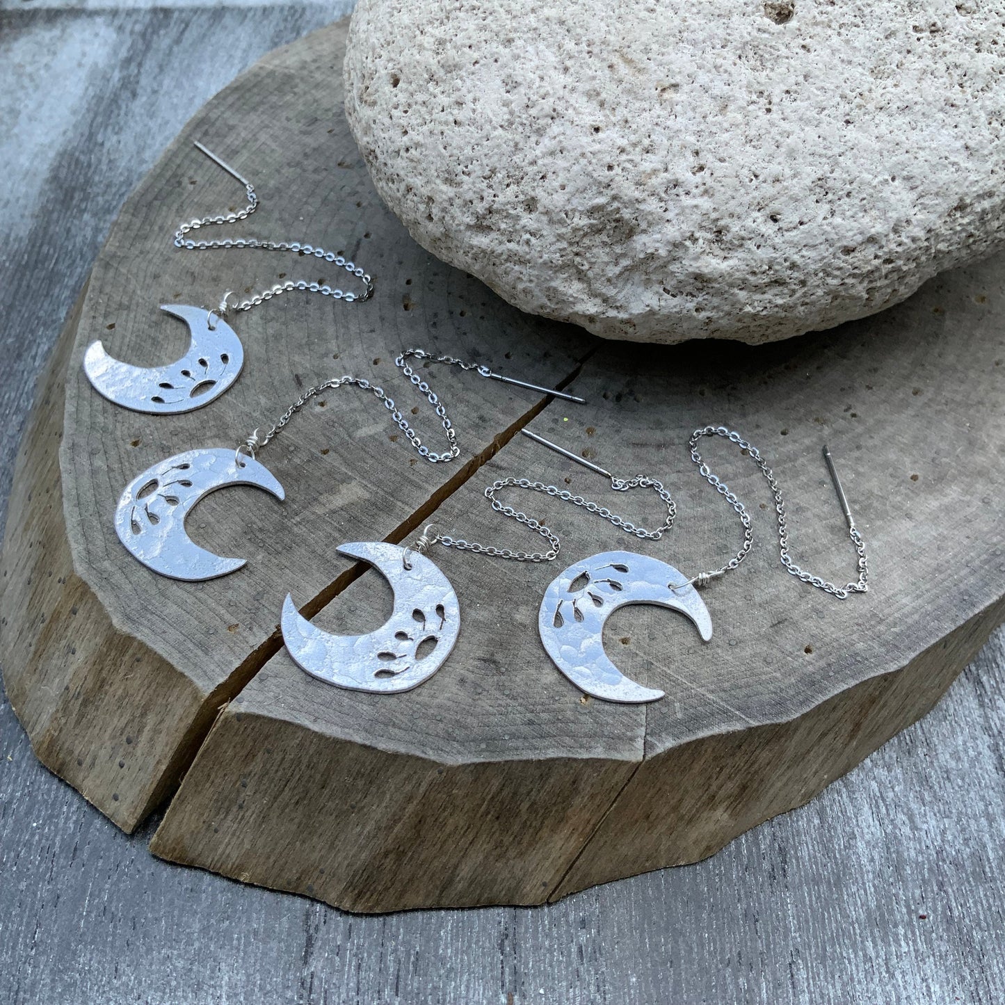 Handmade Crescent Moon Threader Earrings: Stainless Steel Dangle Jewelry