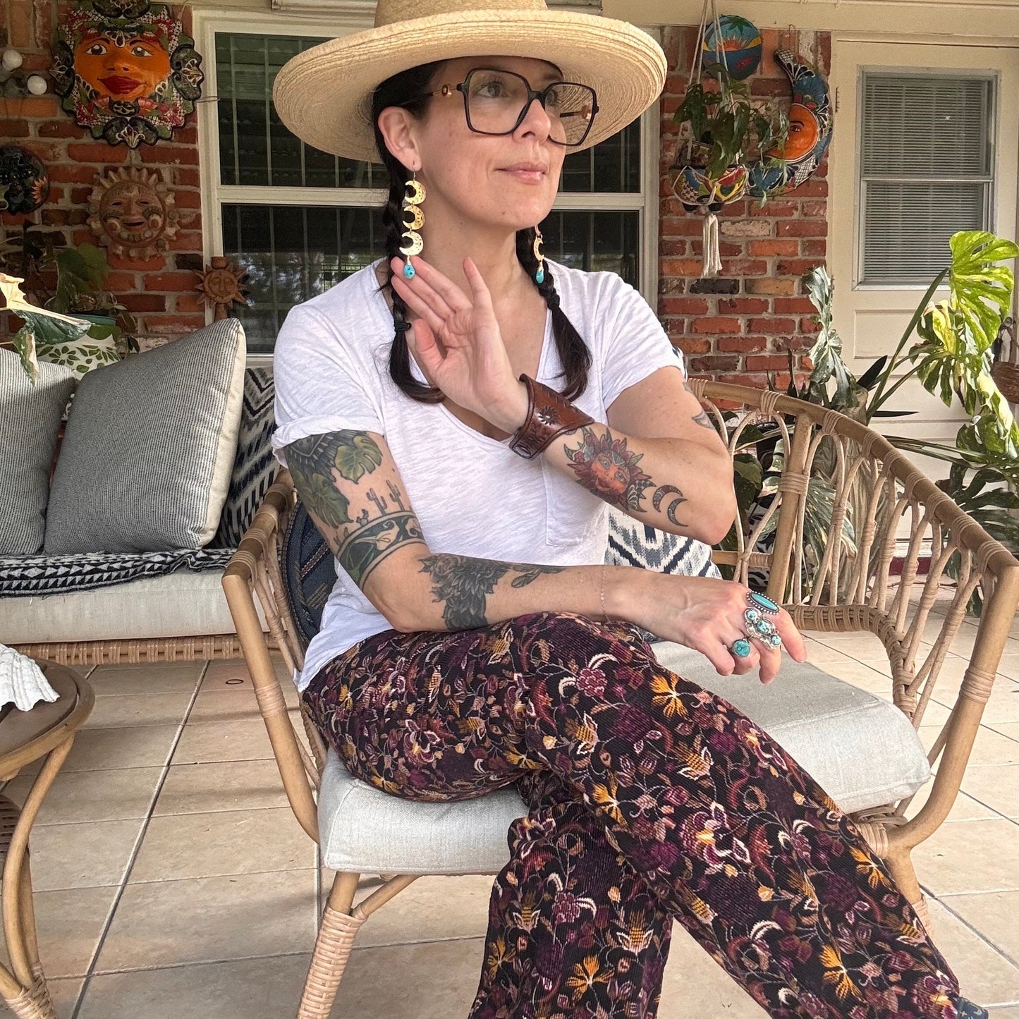 Hammered Brass Crescent Moon Earrings: Turquoise Dangle, Handmade