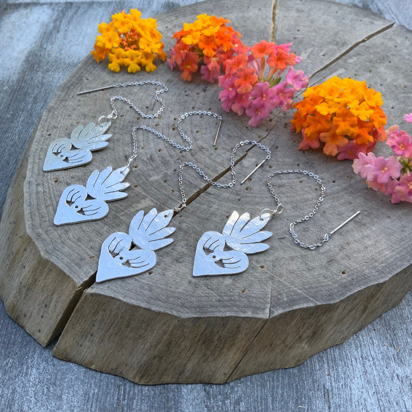Milagro Sacred Heart Threader Earrings: Handmade Aluminum Dangle