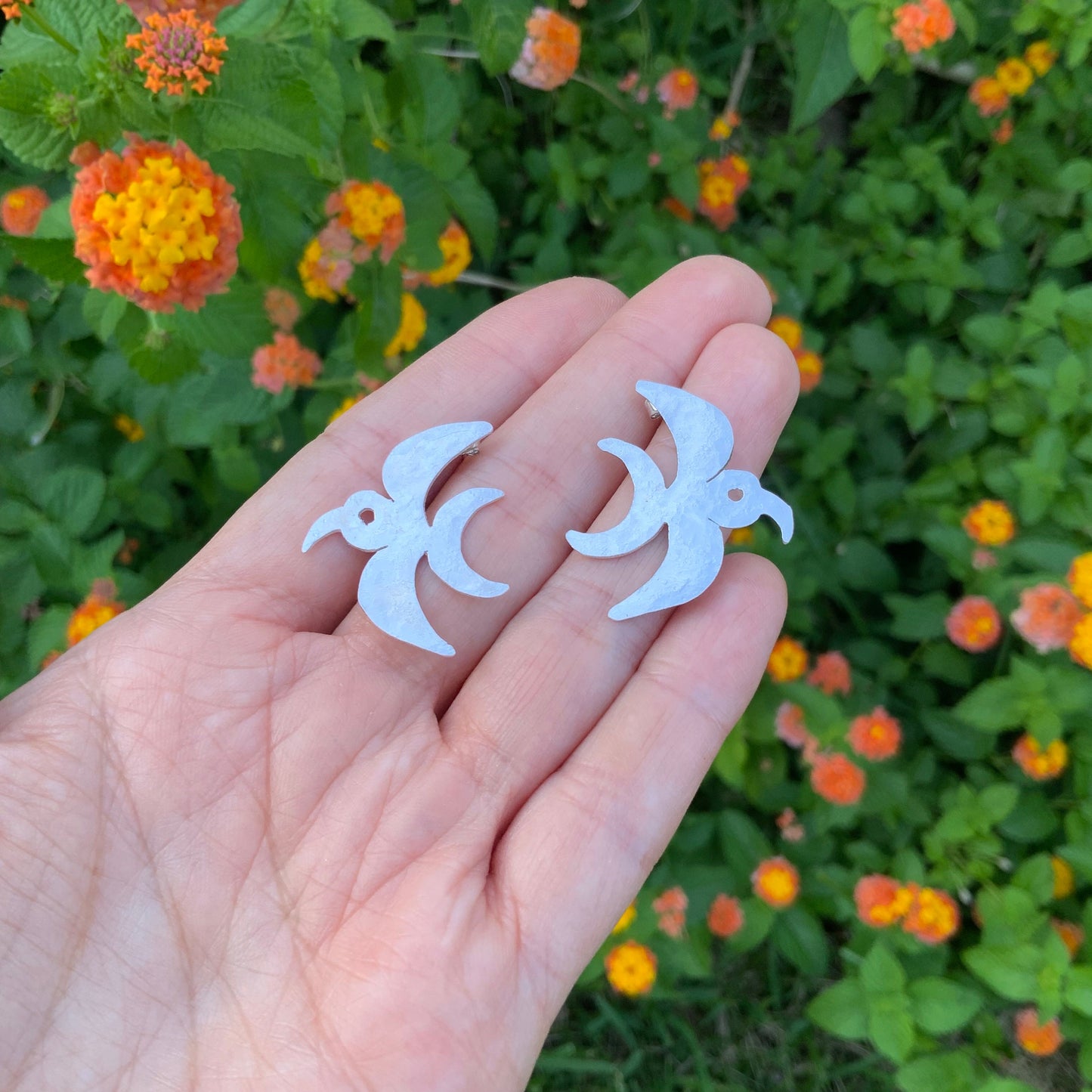 Handmade Sterling Silver Bird Post Earrings: Folk Bird earring Design