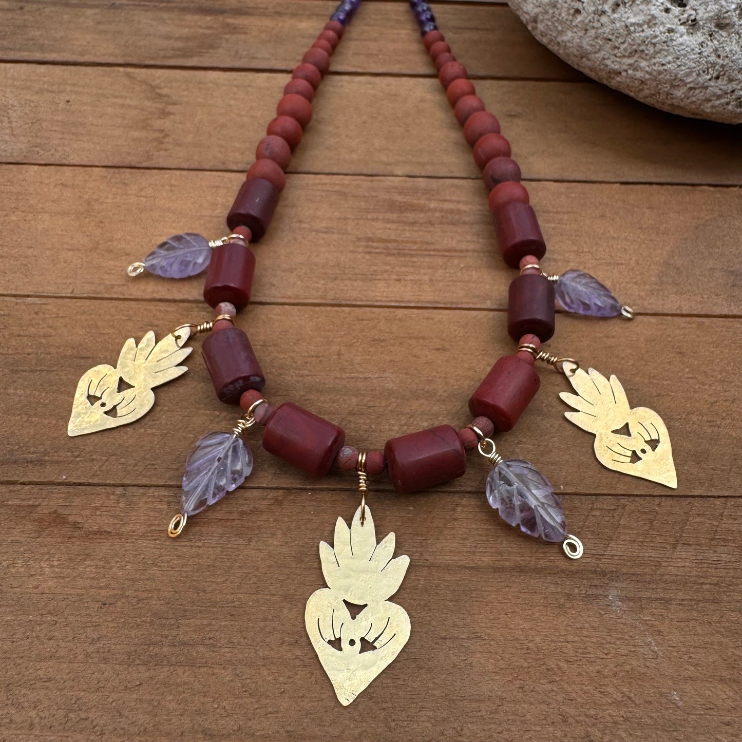 Red Jasper Necklace: Brass Milagro Charm, Amethyst Leaf, Handmade