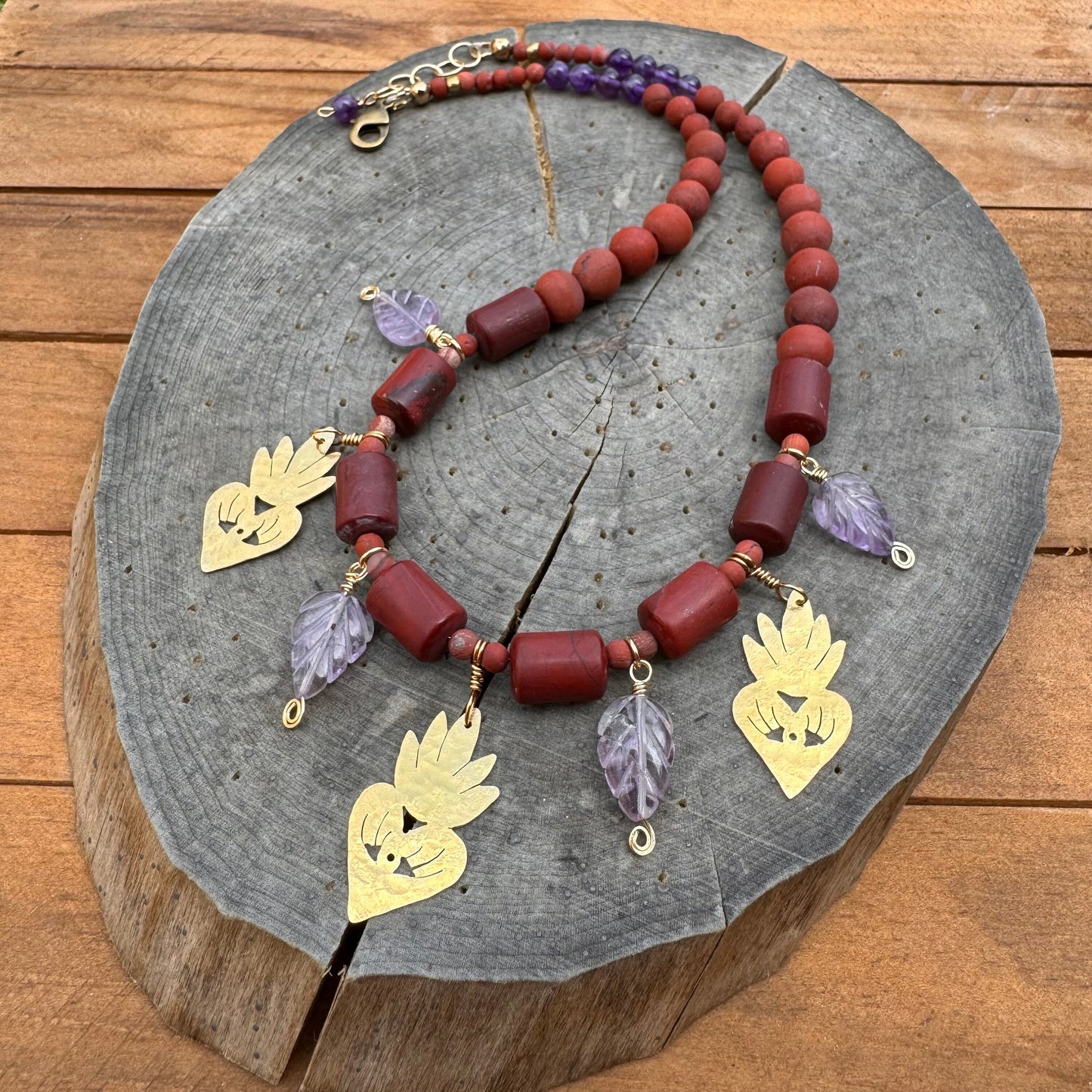 Red Jasper Necklace: Brass Milagro Charm, Amethyst Leaf, Handmade