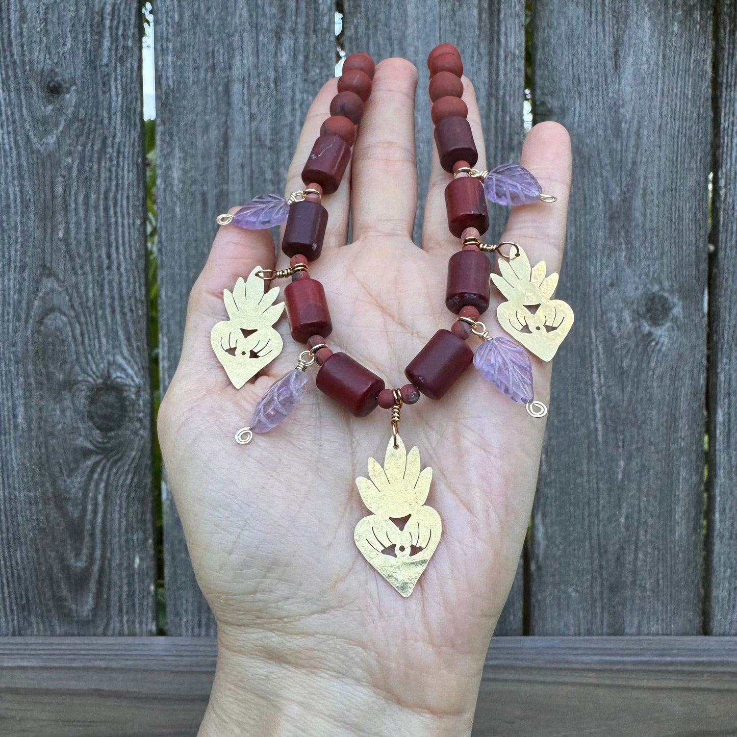 Red Jasper Necklace: Brass Milagro Charm, Amethyst Leaf, Handmade