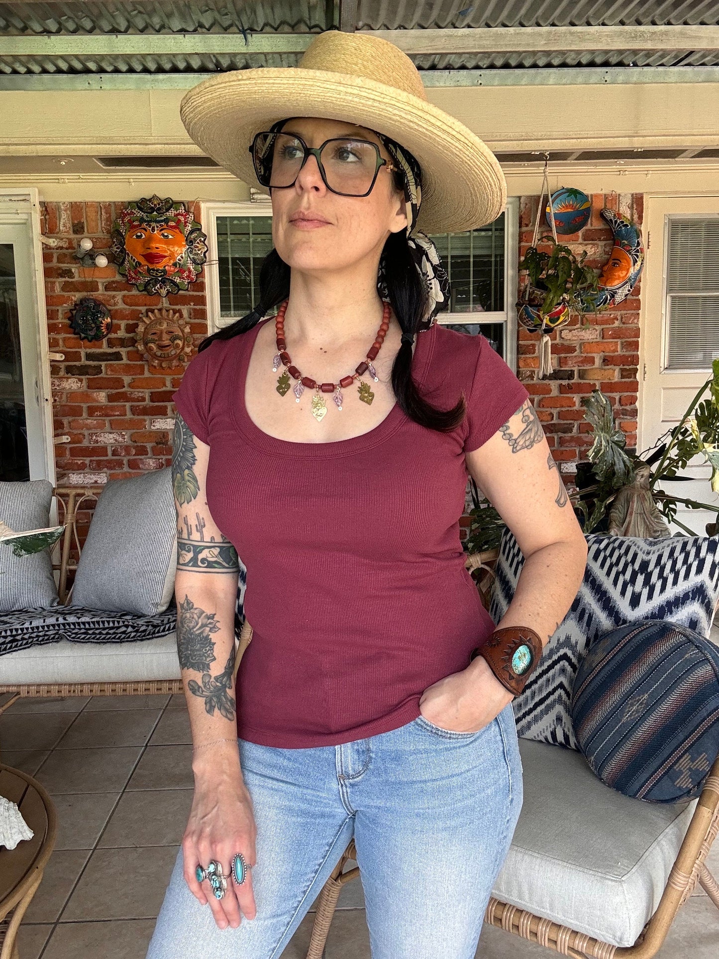 Red Jasper Necklace: Brass Milagro Charm, Amethyst Leaf, Handmade